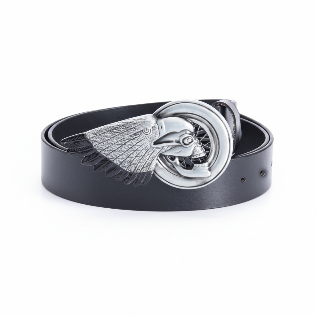 Ceinture Légende noire pour homme avec une boucle argentée ornée d'un aigle et d'une roue de moto.