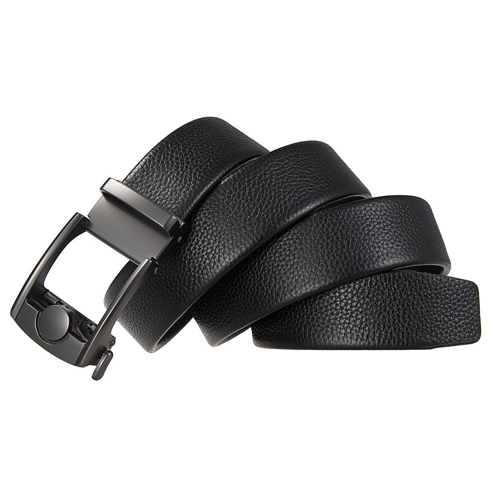 Ceinture homme Léo Bleu en cuir noir grainé avec boucle automatique argentée mate