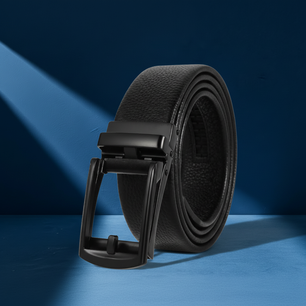 Ceinture pour homme Léo en cuir noir texturé avec boucle automatique rectangulaire en métal noir mat. #fullwidth