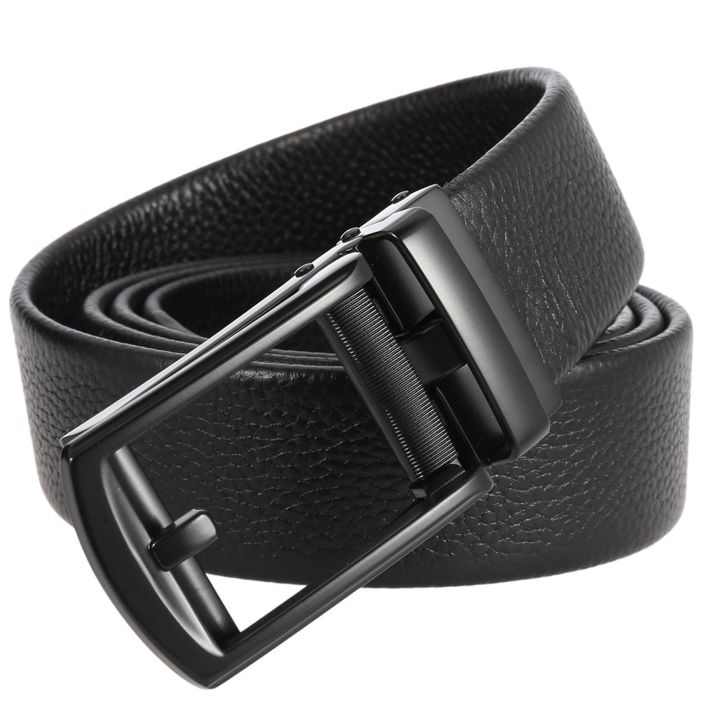 Ceinture Léo pour homme en cuir de vachette noir texturé avec boucle automatique rectangulaire en métal noir mate