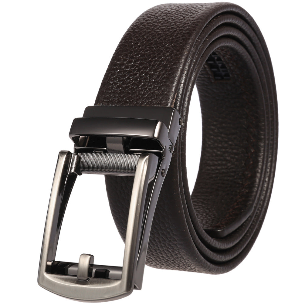 Ceinture pour homme Léo en cuir de vachette marron avec boucle automatique rectangulaire en métal finition canon de fusil.