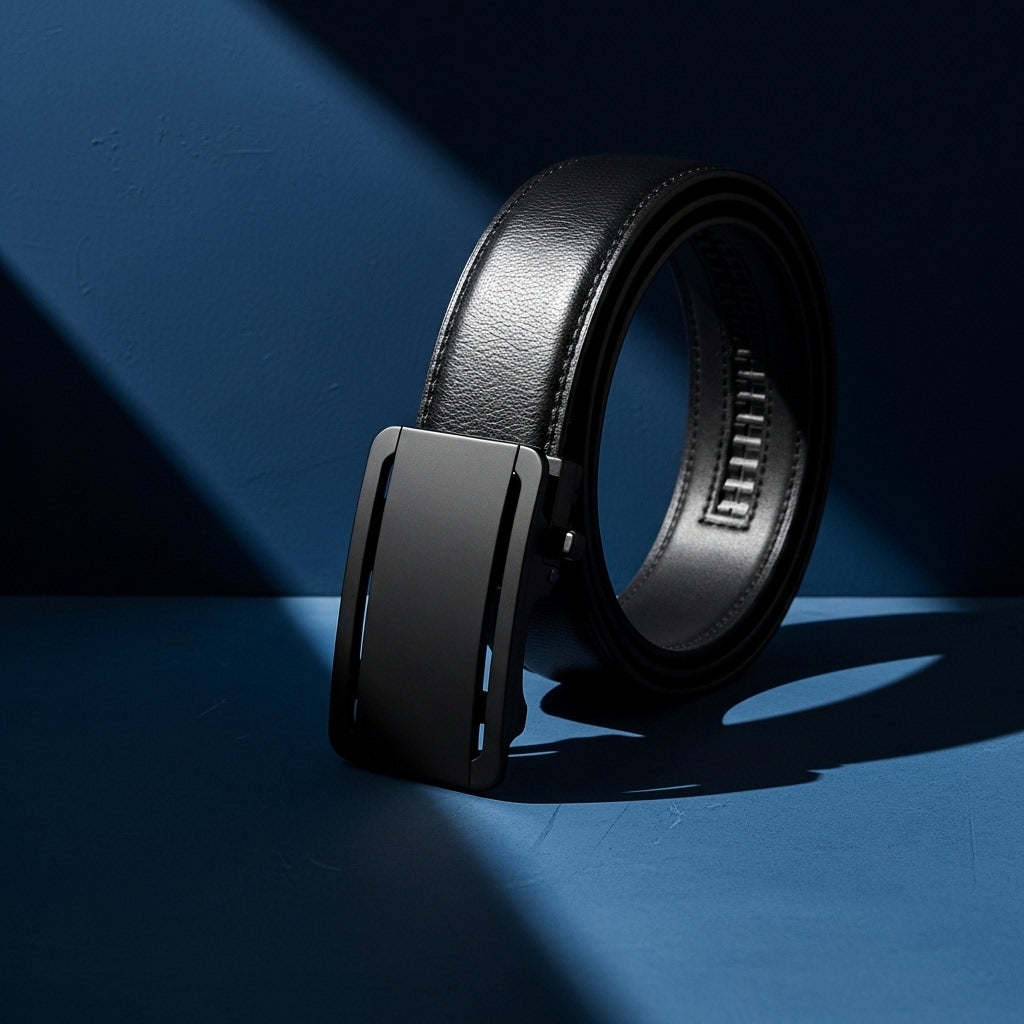 Ceinture noire Léo Tiss 20 pour homme avec une boucle rectangulaire automatique en alliage métallique finition argentée, sur fond bleu #fullwidth