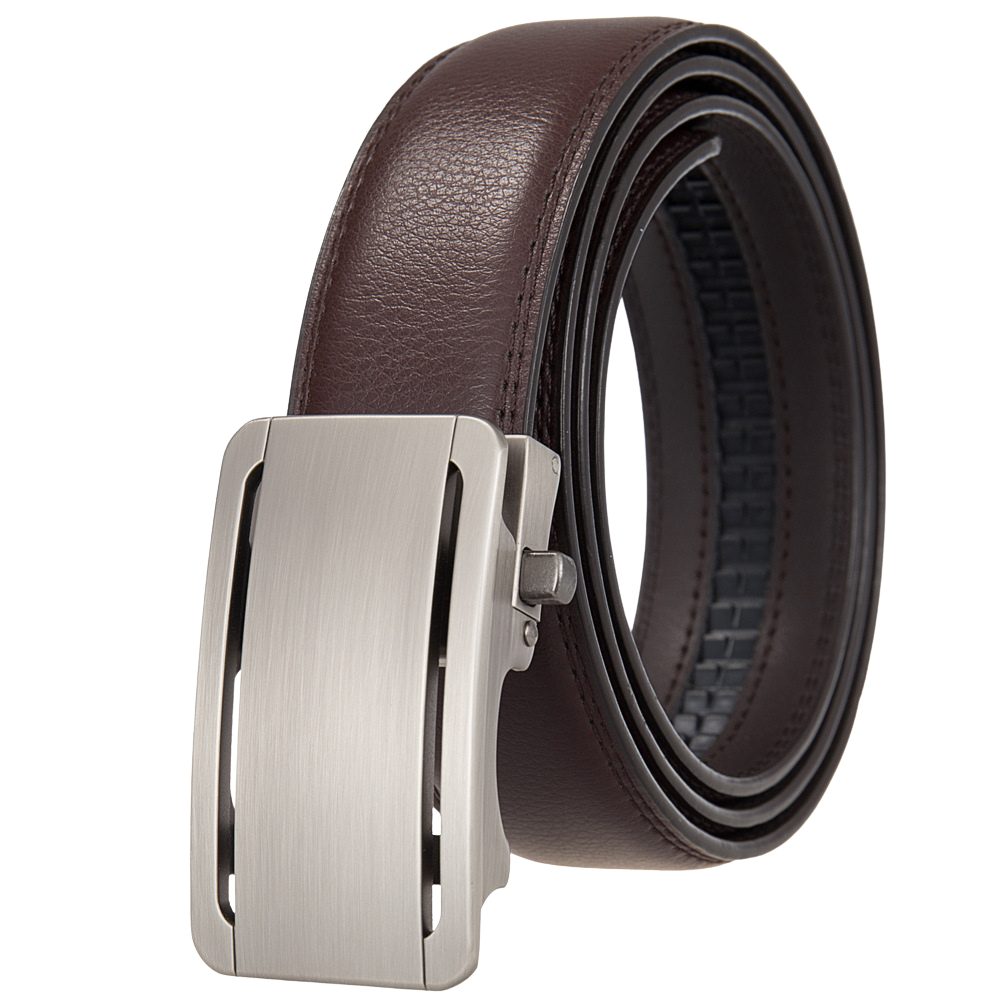 Ceinture homme Léo Tiss 20 en cuir marron avec boucle automatique rectangulaire argentée #fullwidth
