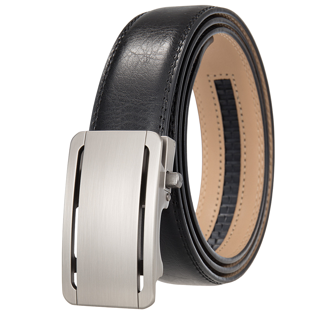 Ceinture Léo Tiss 60 pour homme avec boucle rectangulaire argentée automatique et lanière en cuir noir ajustabl