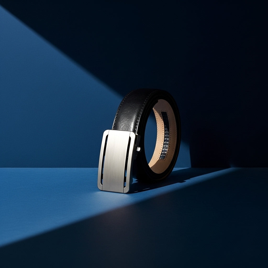 Ceinture homme Léo Tiss 60 en cuir noir avec boucle automatique rectangulaire argentée, mise en scène sur fond bleu avec jeux d'ombre et de lumière. #fullwidth