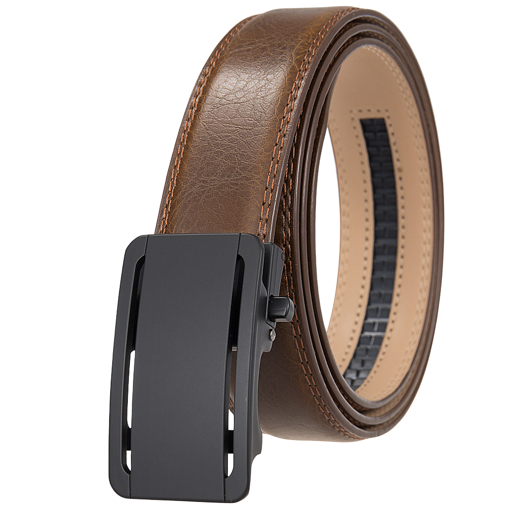 Ceinture Léo Tiss 60 pour homme en cuir marron avec boucle automatique noire rectangulaire.