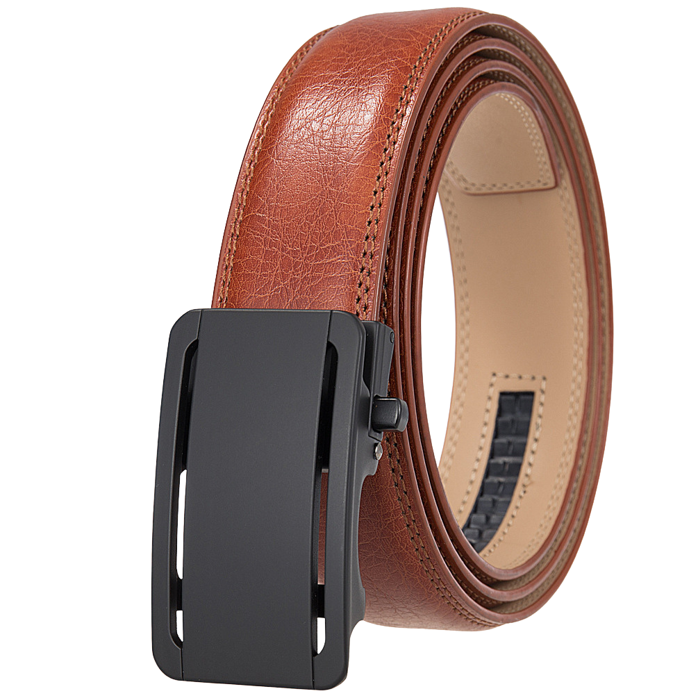 Ceinture Léo Tiss 60 homme en cuir marron avec boucle automatique rectangulaire noire sobre et élégante.