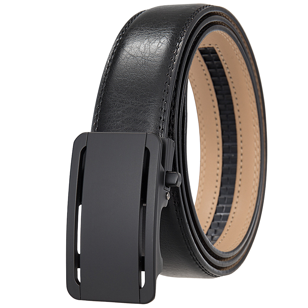 Ceinture Léo Tiss 60 pour homme en cuir noir avec boucle automatique rectangulaire argentée et finition mate.