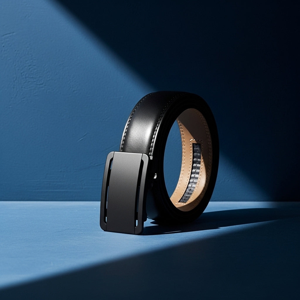 Ceinture Léo Tiss 95 noire avec boucle automatique rectangulaire en alliage métallique et finition argentée, sur fond bleu avec éclairage tamisé. #fullwidth