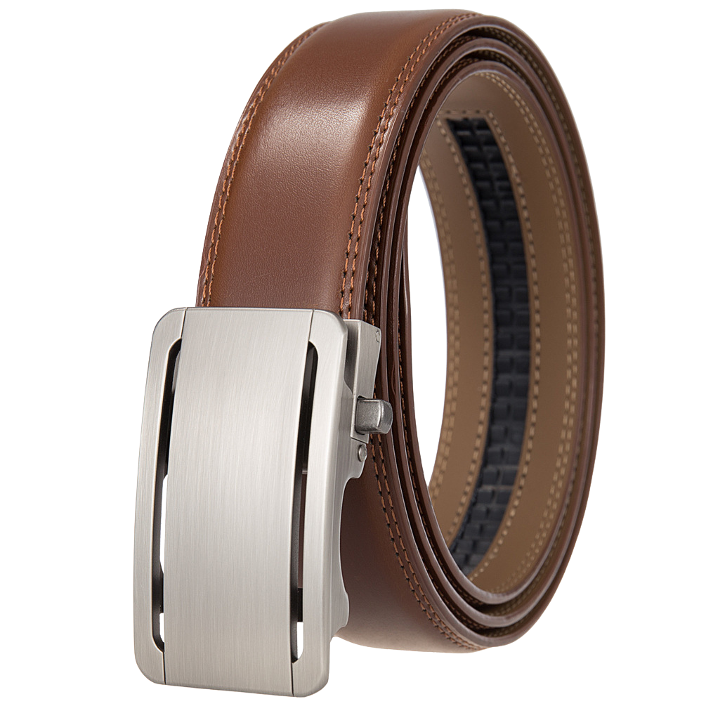 Ceinture Léo Tiss 95 marron en cuir avec boucle automatique argentée rectangulaire sur fond noir.