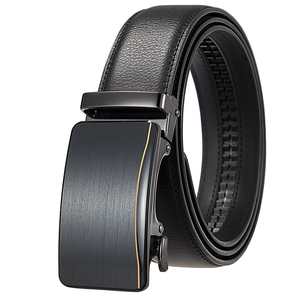 Ceinture homme Léo Zen 20 en cuir noir avec boucle automatique rectangulaire grise et détails dorés.