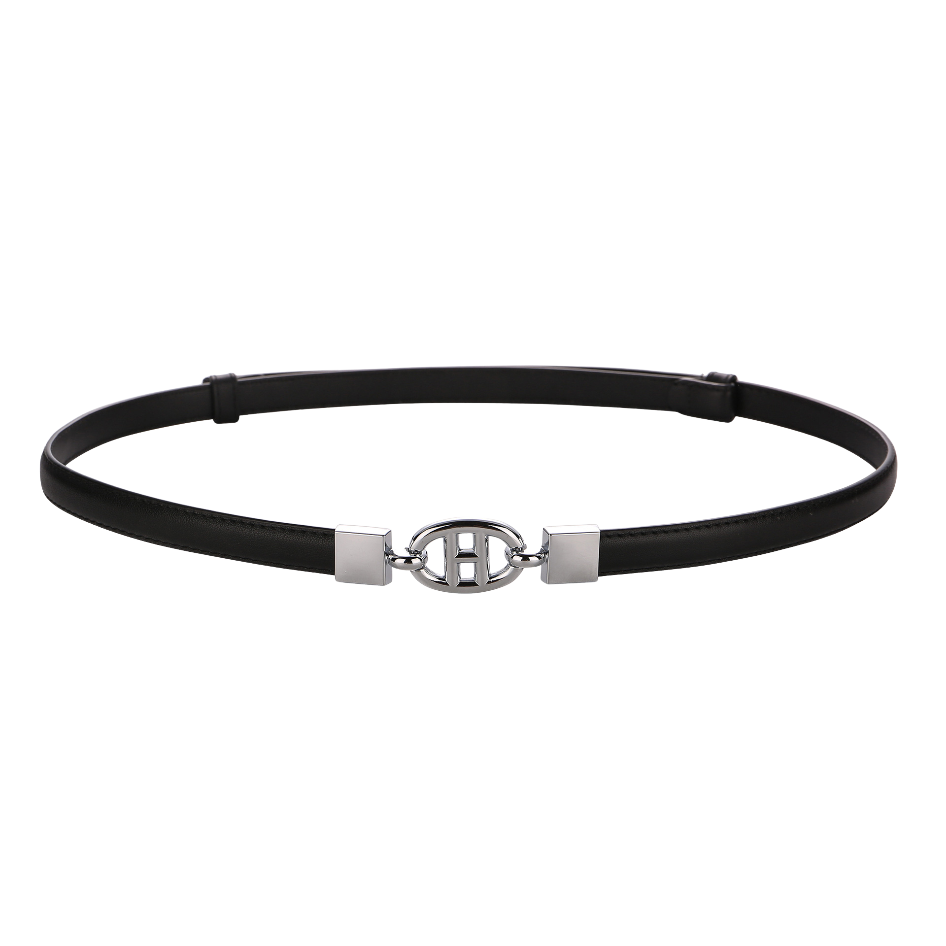 Ceinture fine noire Léontine en cuir pleine fleur avec boucle argentée ovale style H.