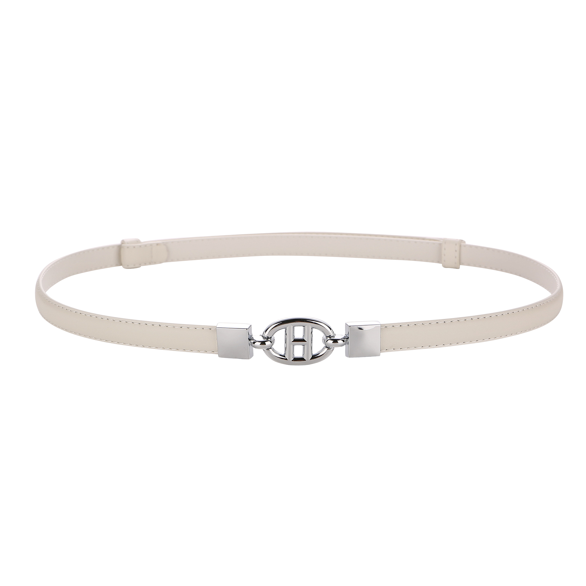 Ceinture fine Léontine en cuir pleine fleur blanc cassé avec boucle ovale argentée style H et couture contrastée.