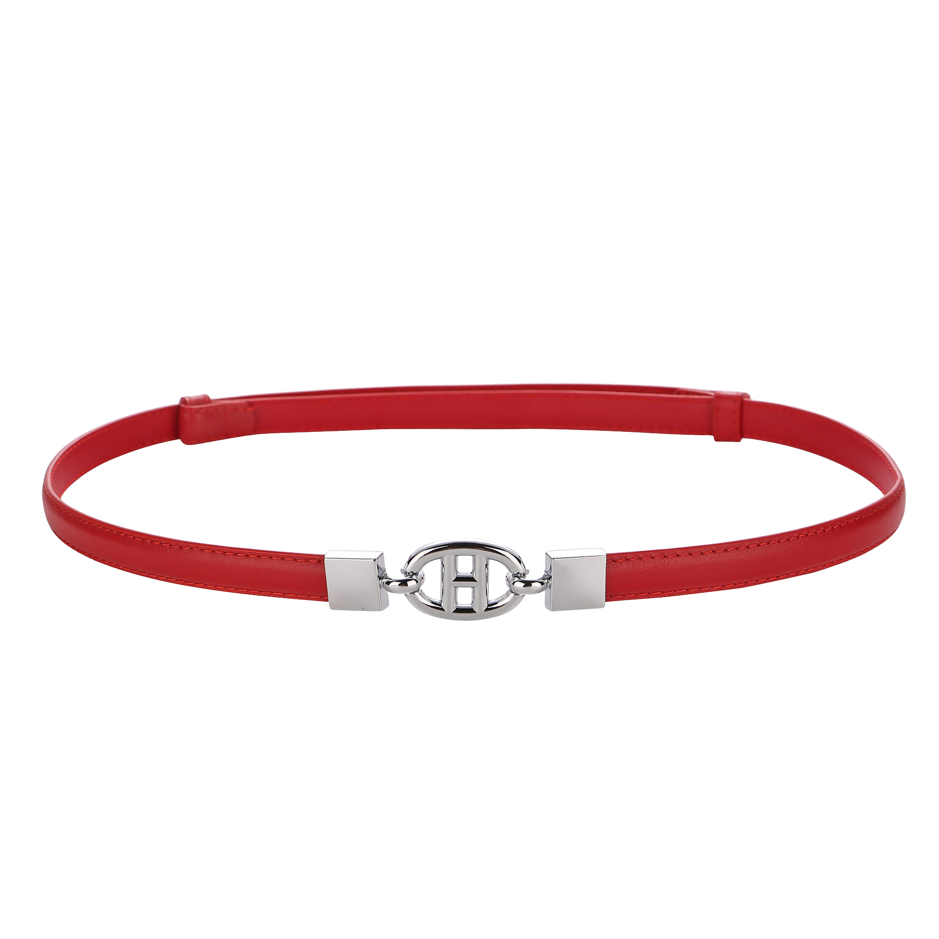 Ceinture fine rouge Léontine en cuir pleine fleur avec boucle argentée ovale style H