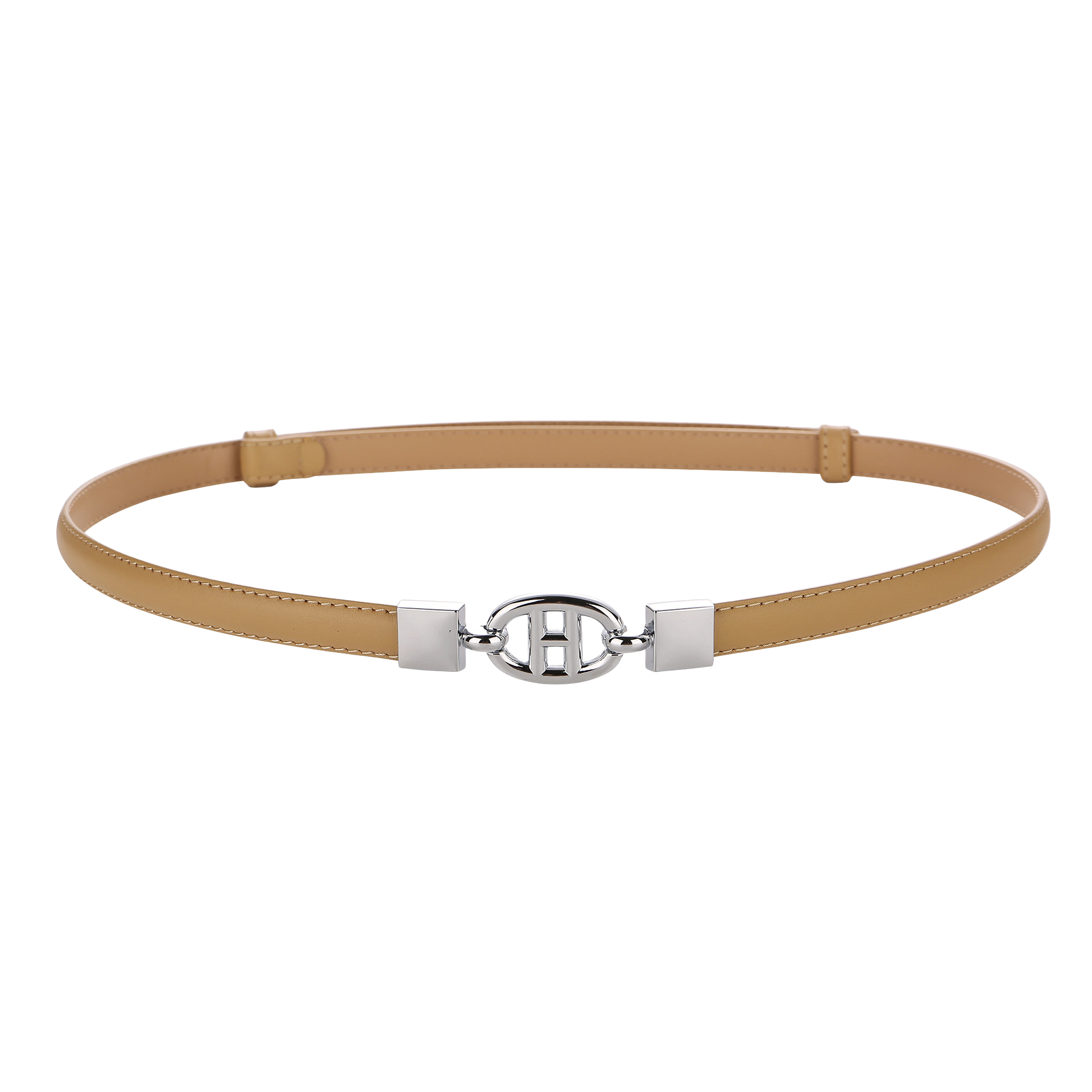 Ceinture fine en cuir pleine fleur camel, modèle Léontine, avec boucle argentée style H et couture contrastée.