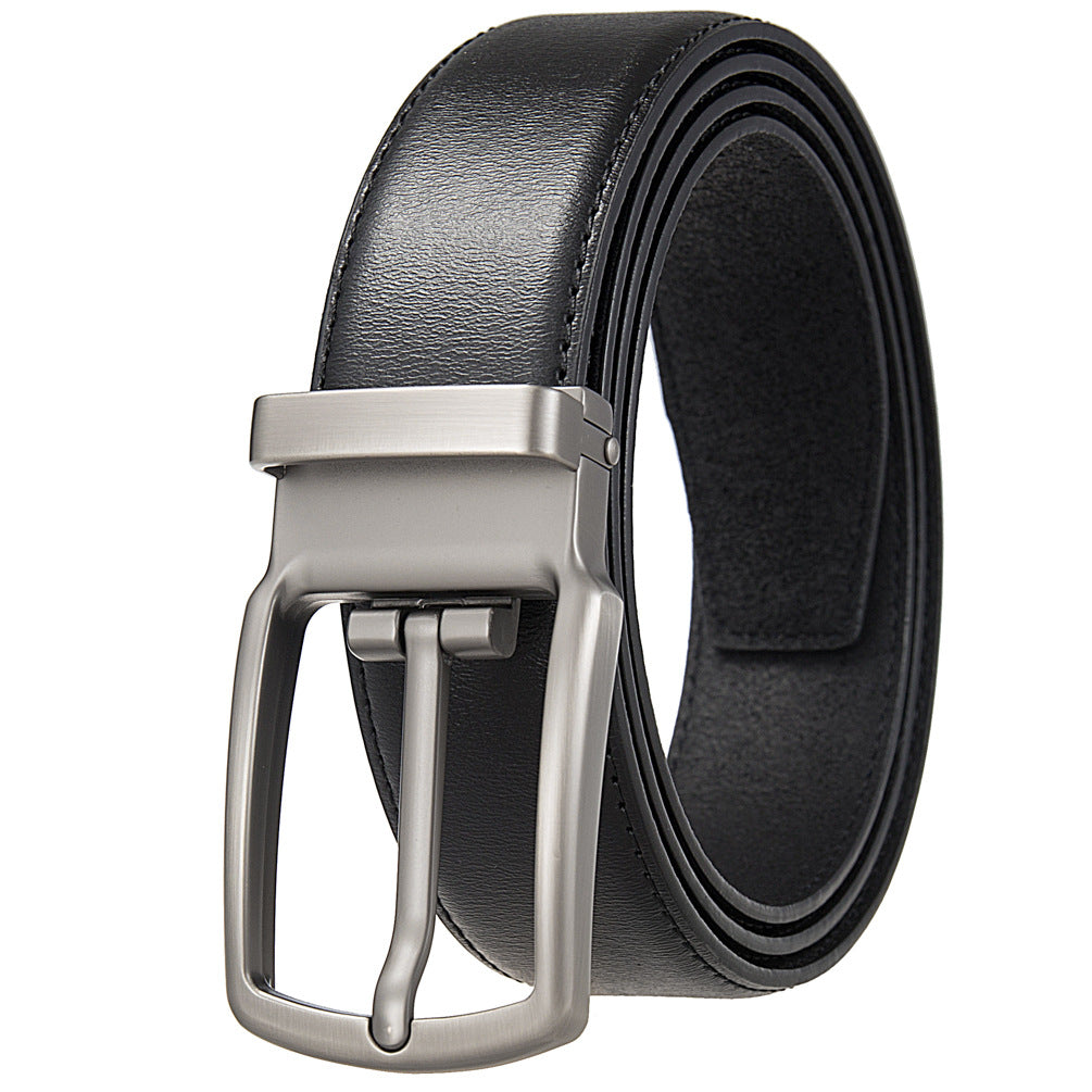 Ceinture homme LéoZen en cuir noir lisse avec boucle métallique argentée satinée, recto noir et verso café réversible