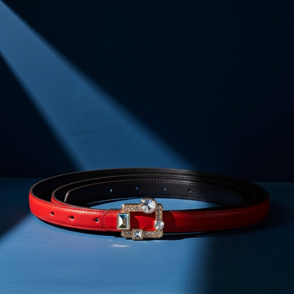 Ceinture rouge Liberté pour femme en cuir pleine fleur avec une boucle carrée ornée de pierres scintillantes et une lanière fine de 1,4 cm. #fullwidth