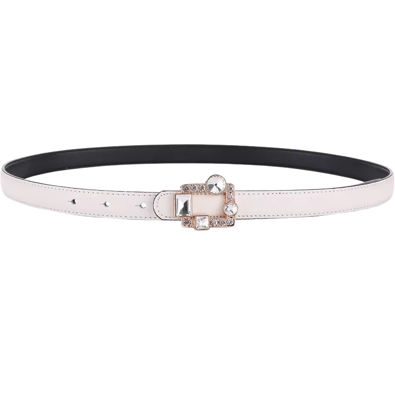 Ceinture fine blanche Liberté en cuir pleine fleur avec boucle rectangulaire ornée de pierres brillantes