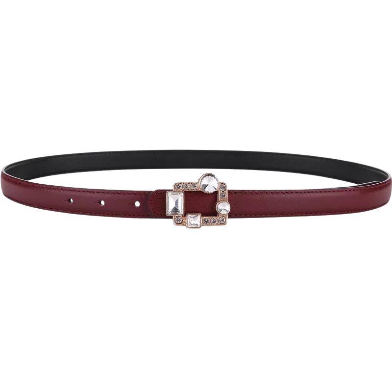 Ceinture femme Liberté en cuir bordeaux avec boucle carrée dorée ornée de pierres brillantes