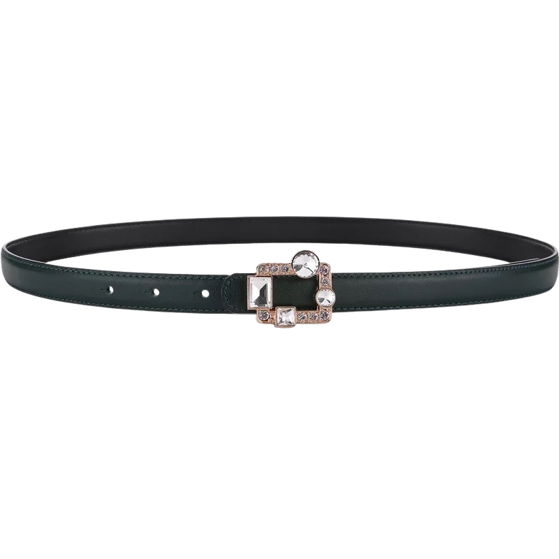 Ceinture fine femme Liberté en cuir vert foncé avec boucle carrée ornée de pierres brillantes.