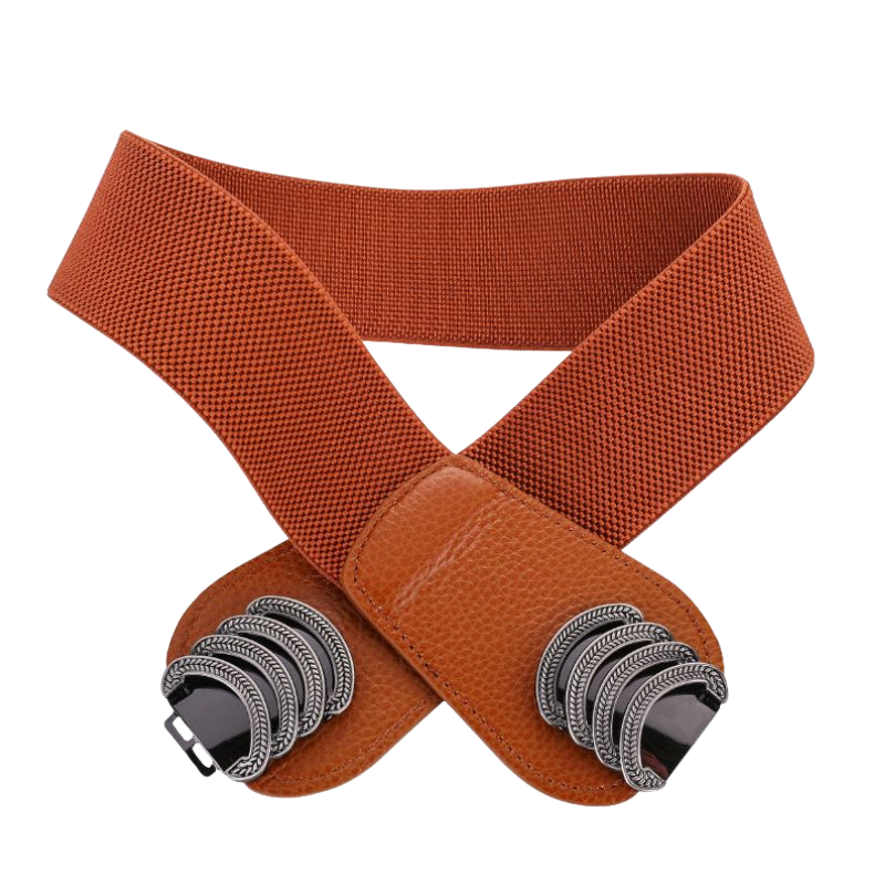 Ceinture large élastique marron "Lilas" pour femme en cuir grainé, avec boucle décorative argentée, style daim.