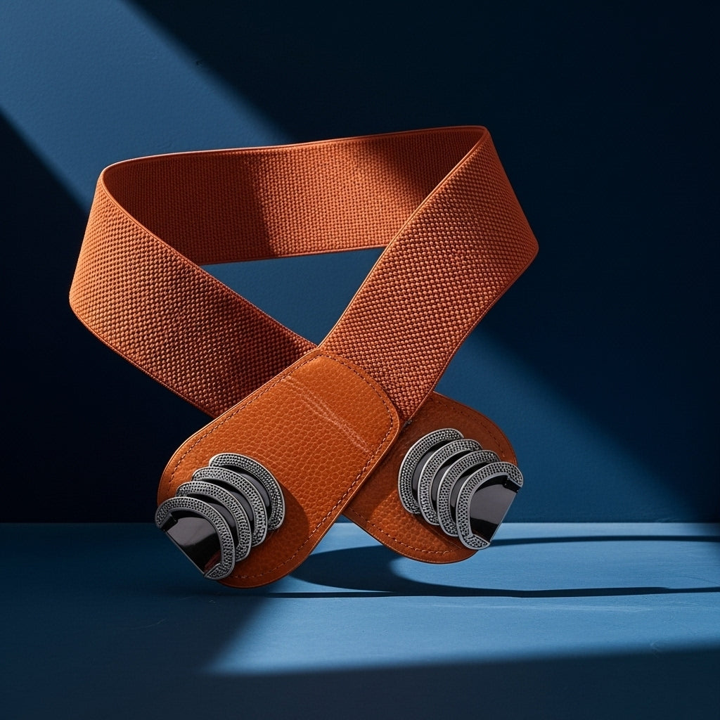 Ceinture large élastique orange pour femme, avec des détails en cuir grainé marron et une boucle décorative argentée. #fullwidth