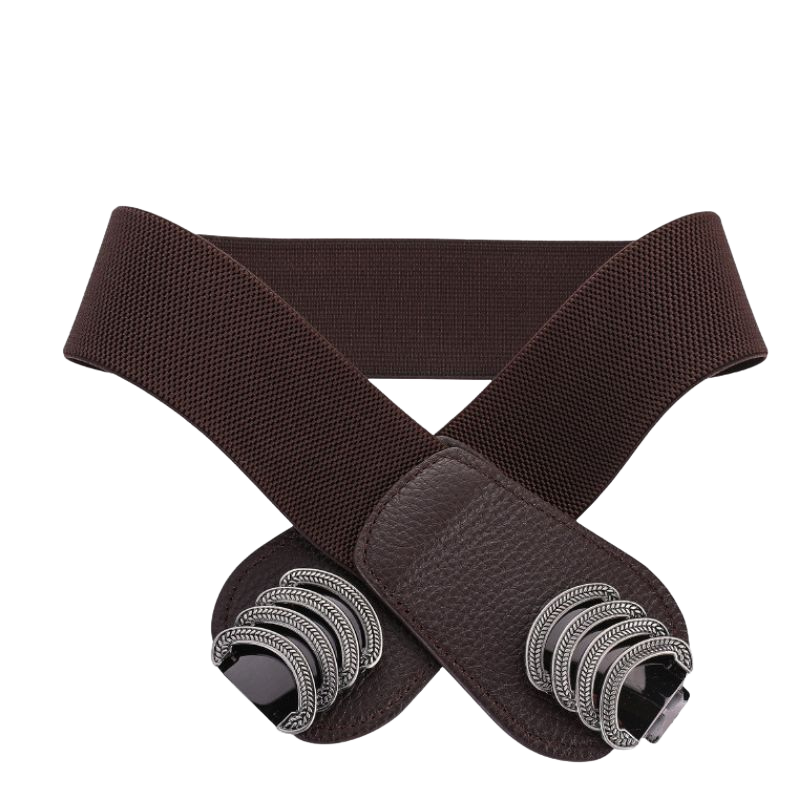 Ceinture large marron pour femme, en cuir pleine fleur avec texture grainée, dotée d'une boucle double crochet décorative en métal argenté.