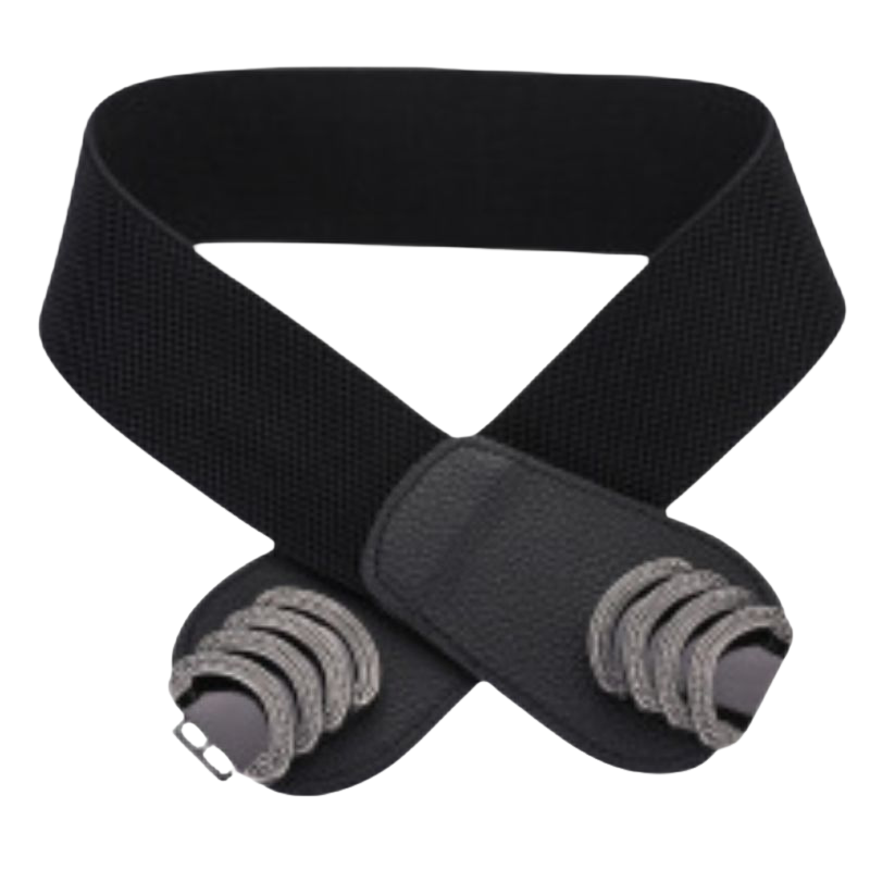 Ceinture large noire en cuir pour femme, modèle Lilas, avec boucle double crochet argentée et texture grainée, ajustable grâce à une structure élastique intégrée.