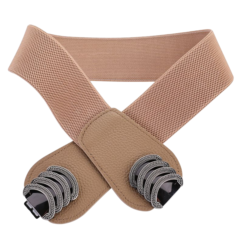 Ceinture large beige pour femme, modèle Lilas, en cuir pleine fleur avec traitement daim et boucle décorative double crochet en métal argenté.