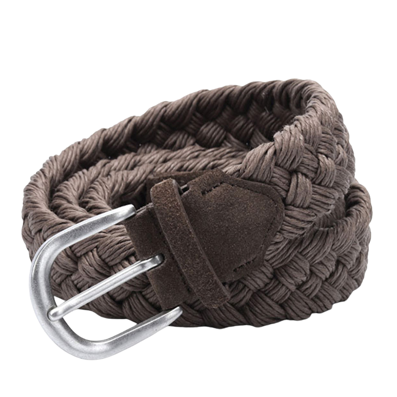 Ceinture tressée artisanale Lille couleur café avec boucle ovale argentée et finitions en suédine.