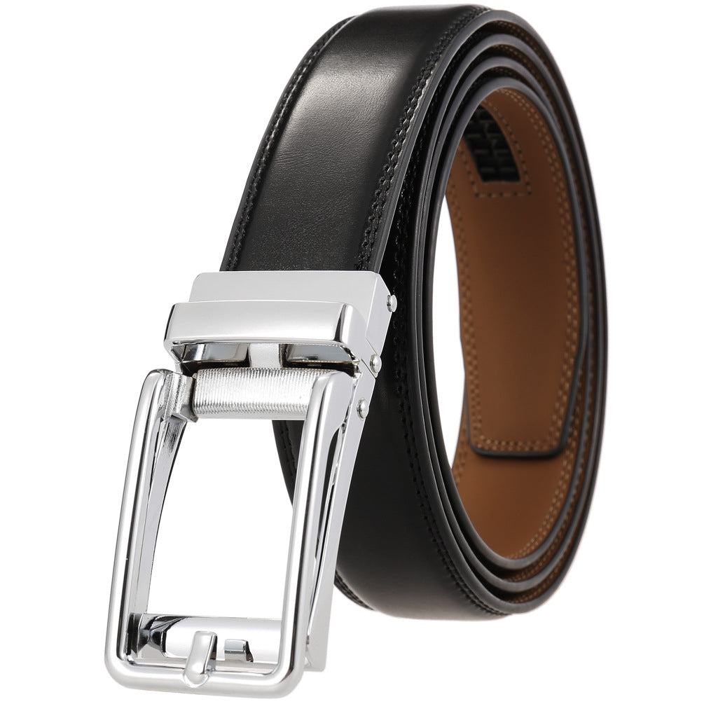 Ceinture Lin pour homme en cuir noir avec boucle automatique argentée chromée brillante