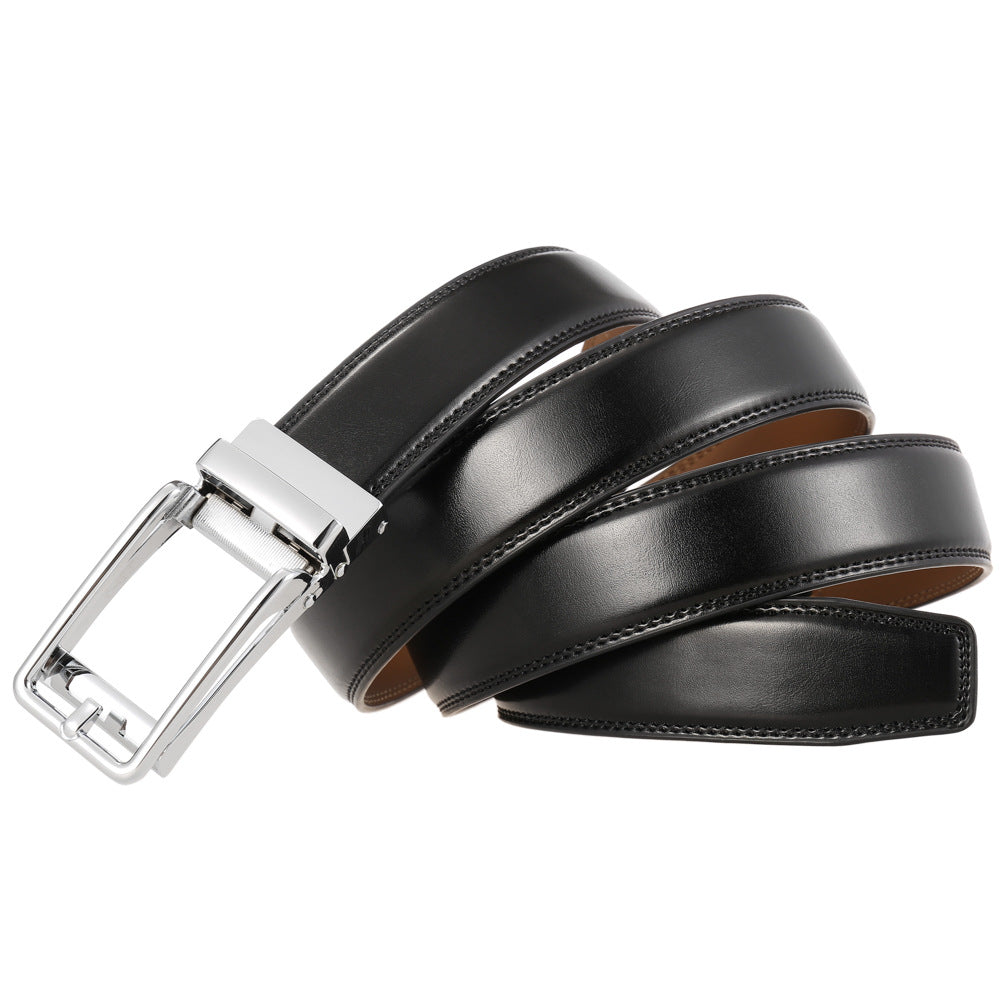Ceinture Lin pour homme en cuir noir avec boucle automatique argentée et finitions soignées.
