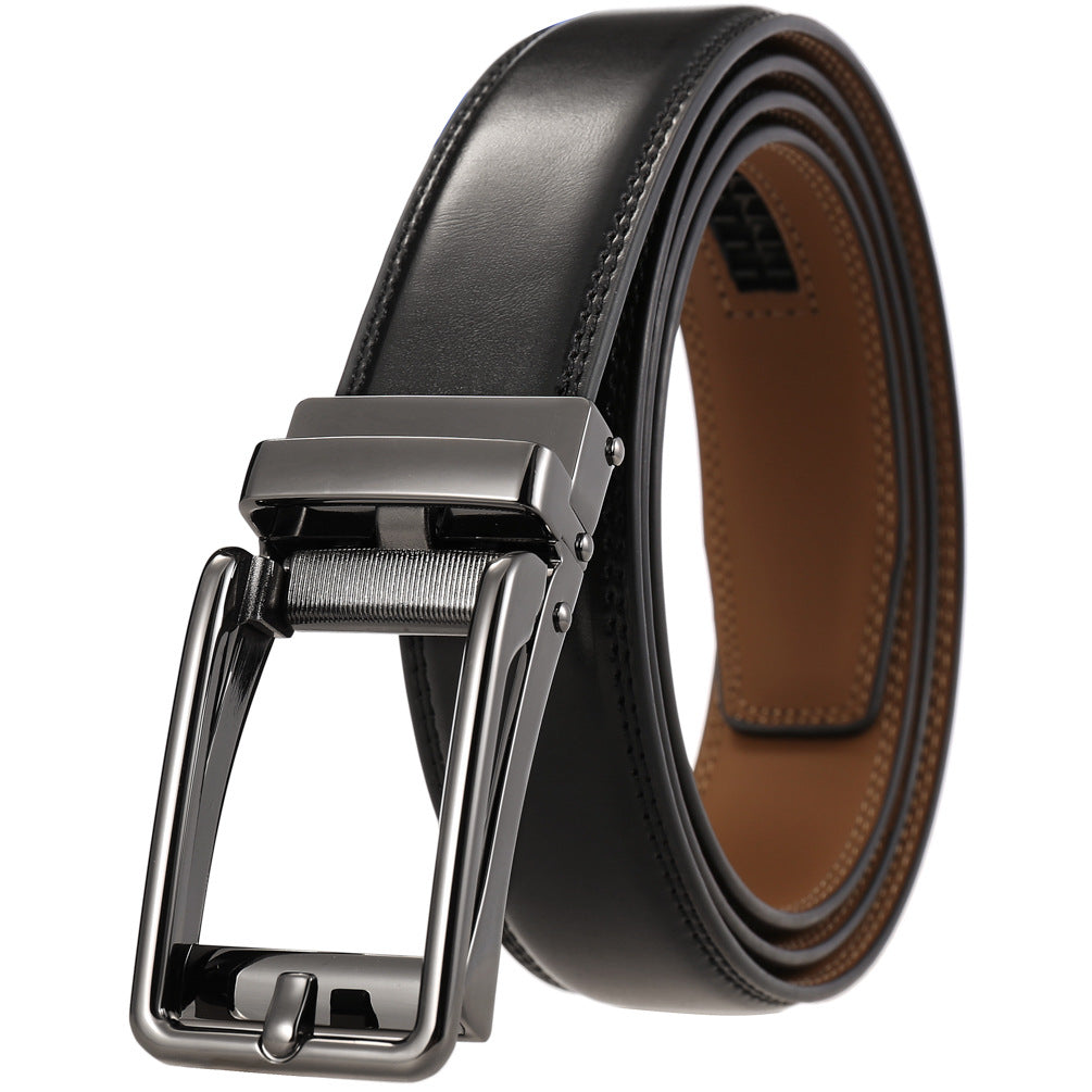 Ceinture Lin noire pour homme avec boucle automatique en métal argenté, cuir de vachette refendu, largeur 3.1 cm.