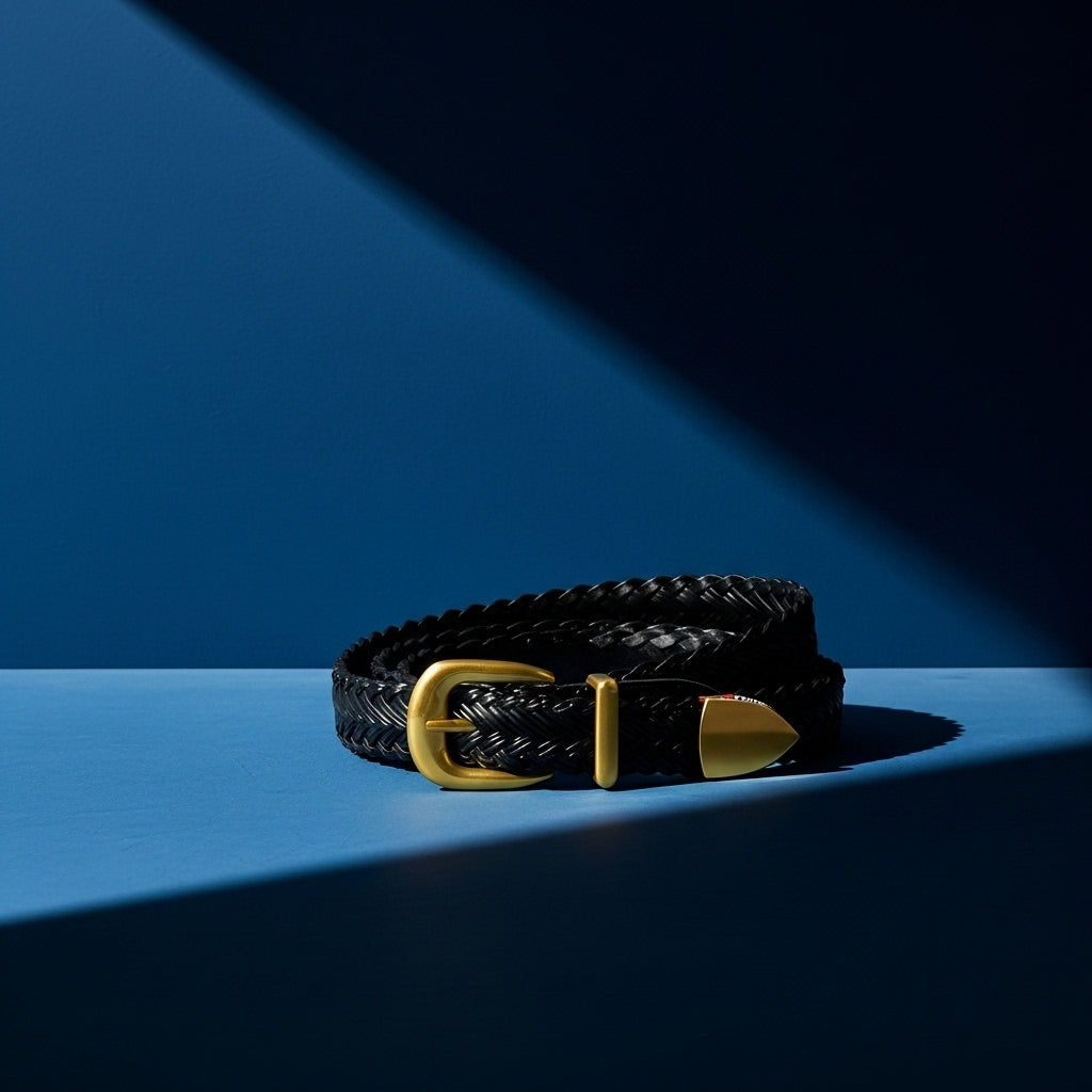 Ceinture Lison noire en simili-cuir tressé avec une boucle ardillon demi-lune dorée et une pointe de ceinture assortie, sur fond bleu #fullwidth