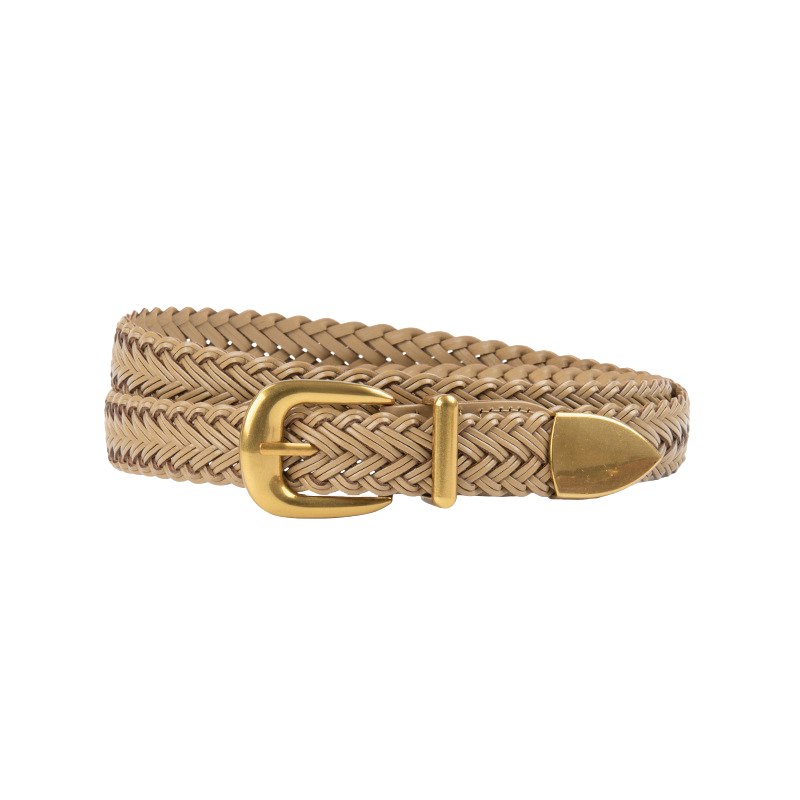 Ceinture fine tressée Lison en simili-cuir beige avec boucle ardillon demi-lune dorée.