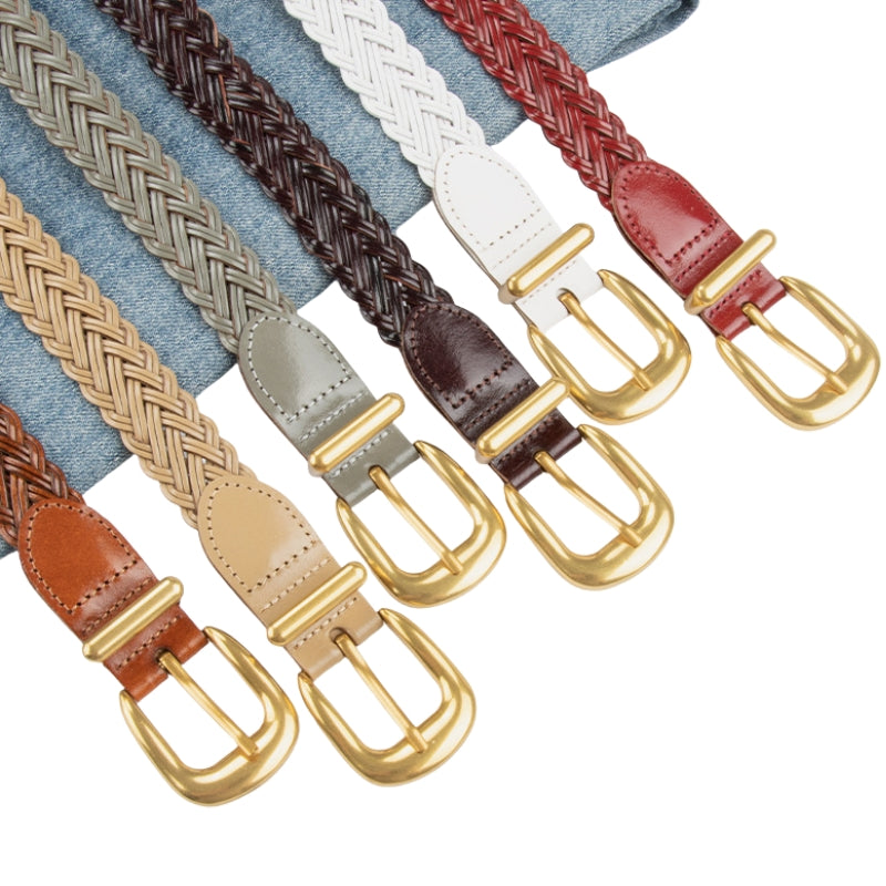 Ceintures Lison tressées en simili-cuir avec boucles dorées, disponibles en plusieurs couleurs dont blanc, rouge, marron, gris, beige et marron clair.