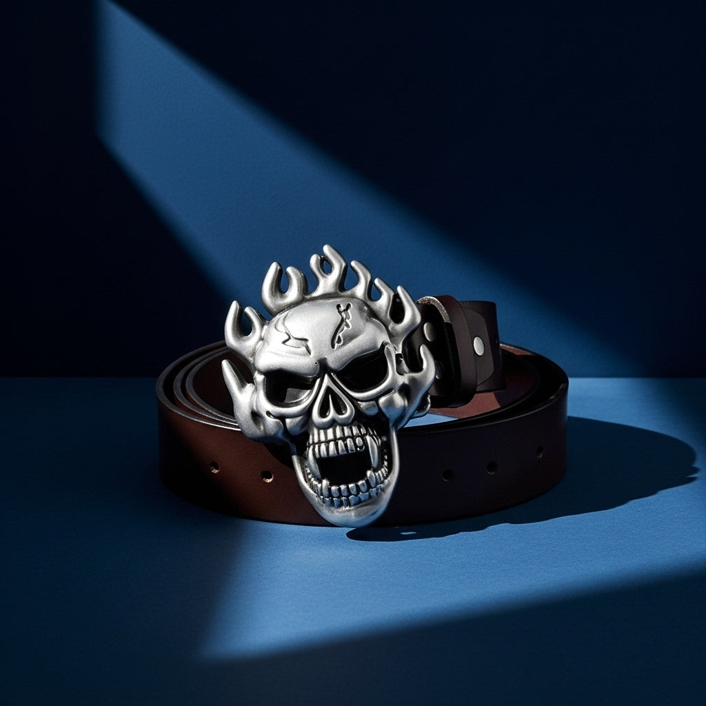 Ceinture Lou Rebel pour homme en cuir refendu marron avec une boucle imposante en alliage argenté représentant un crâne enflammé en 3D. #fullwidth