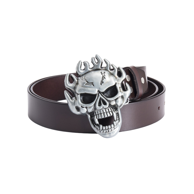 Ceinture Lou Rebel pour homme avec boucle crâne enflammé 3D en alliage argenté, cuir refendu de vachette marron.