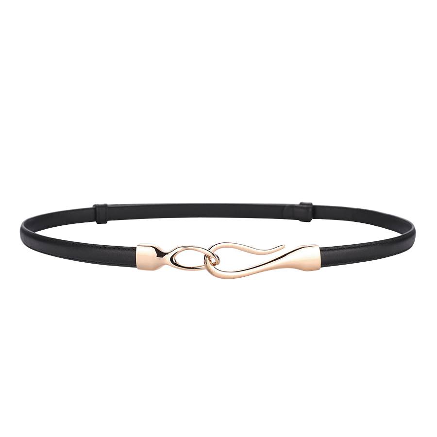 Ceinture fine Louane en cuir noir avec boucle dorée asymétrique de forme ondulée, largeur 1.4 cm.