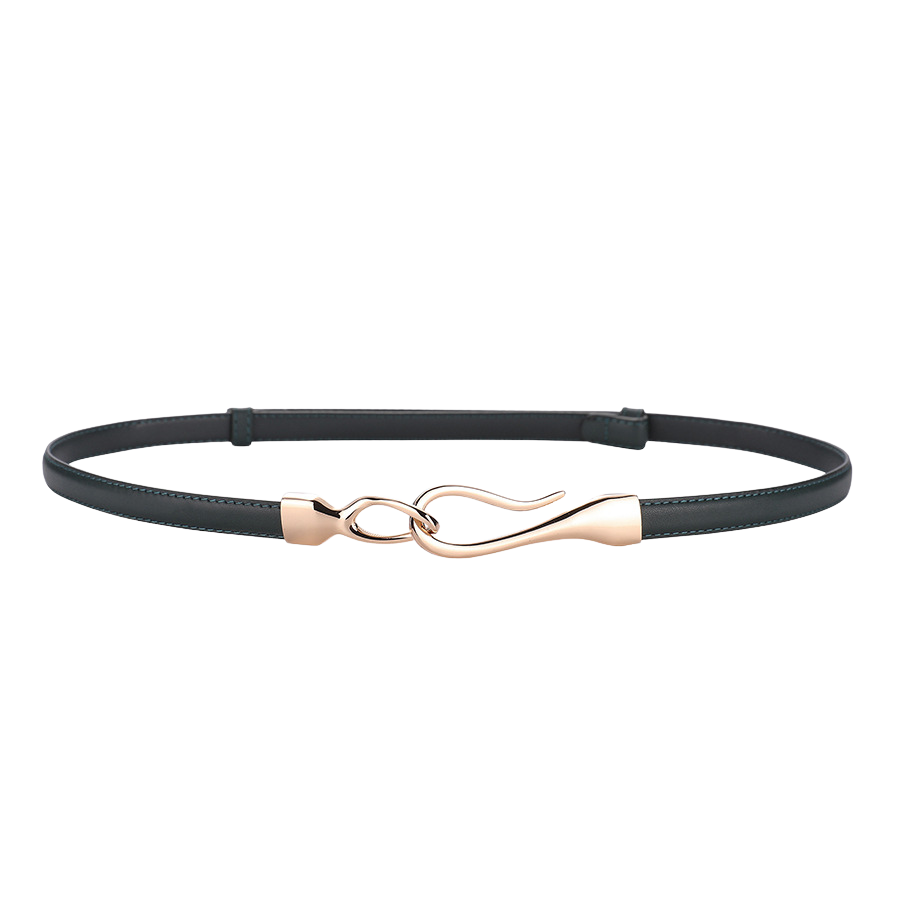 Ceinture fine Louane en cuir pleine fleur vert avec boucle crochet dorée asymétrique, style bijou
