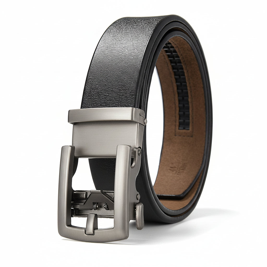 Ceinture Louis noire pour homme avec boucle automatique rectangulaire en métal argenté et lanière lisse en cuir refendu de vachette.