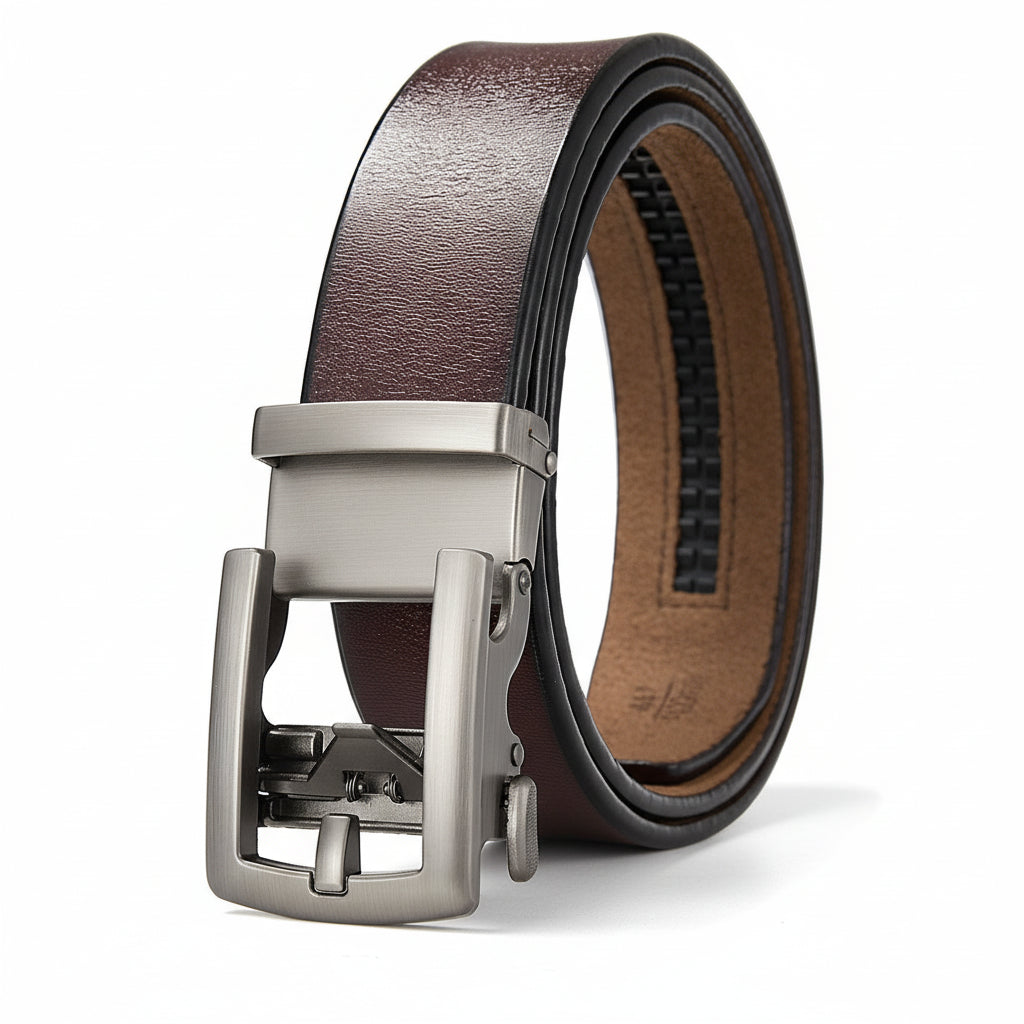 Ceinture Louis marron pour homme et femme avec boucle automatique rectangulaire en métal argenté