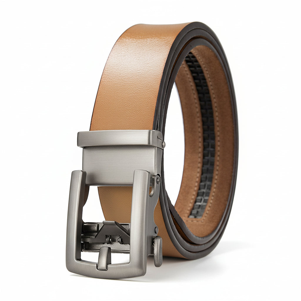 Ceinture Louis pour homme ou femme en cuir refendu de vachette coloris chameau avec boucle automatique rectangulaire en métal argenté. #fullwidth