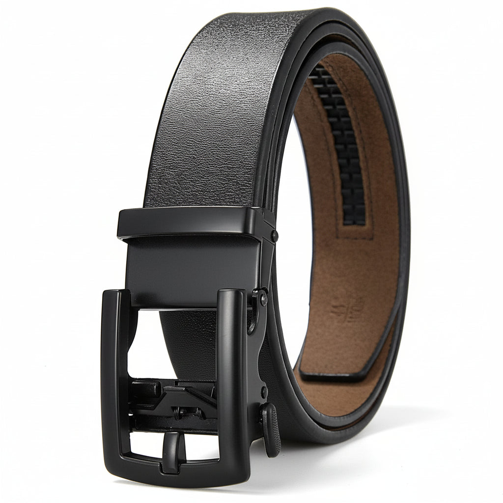 Ceinture Louis noire pour homme, en cuir refendu de vachette avec boucle automatique rectangulaire en métal argenté et lanière lisse. #fullwidth