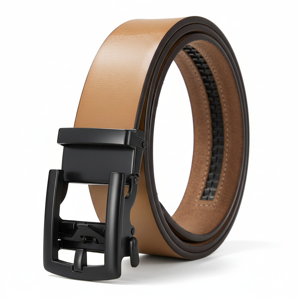 Ceinture Louis pour homme, en cuir refendu de vachette couleur chameau, avec boucle automatique rectangulaire en métal argenté.