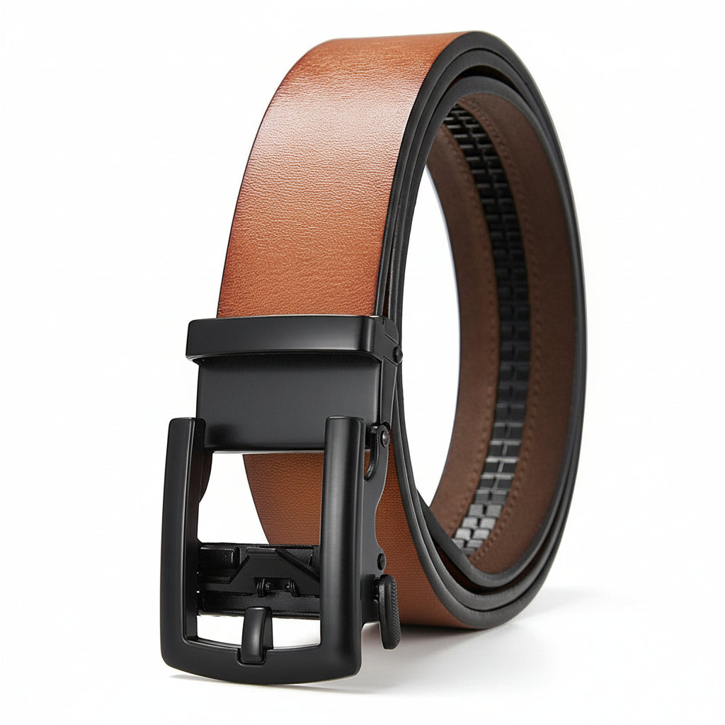 Ceinture Louis marron clair en cuir refendu de vachette avec boucle automatique rectangulaire en métal argenté, pour homme et femme.