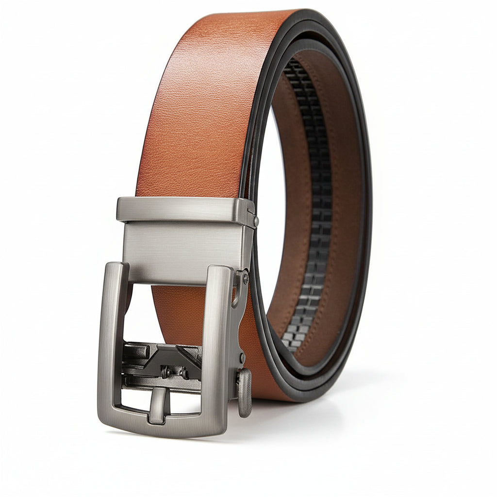 Ceinture Louis homme en cuir refendu de vachette marron clair avec boucle automatique rectangulaire en métal argenté.
