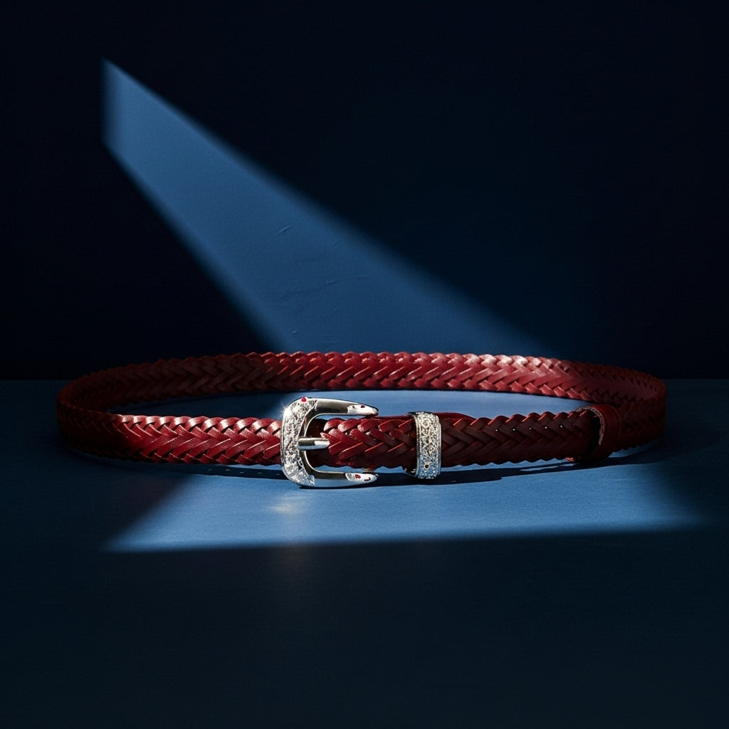 Ceinture Louna en simili cuir tressé bordeaux, avec boucle ardillon argentée ornée de strass et passant assorti. #fullwidth