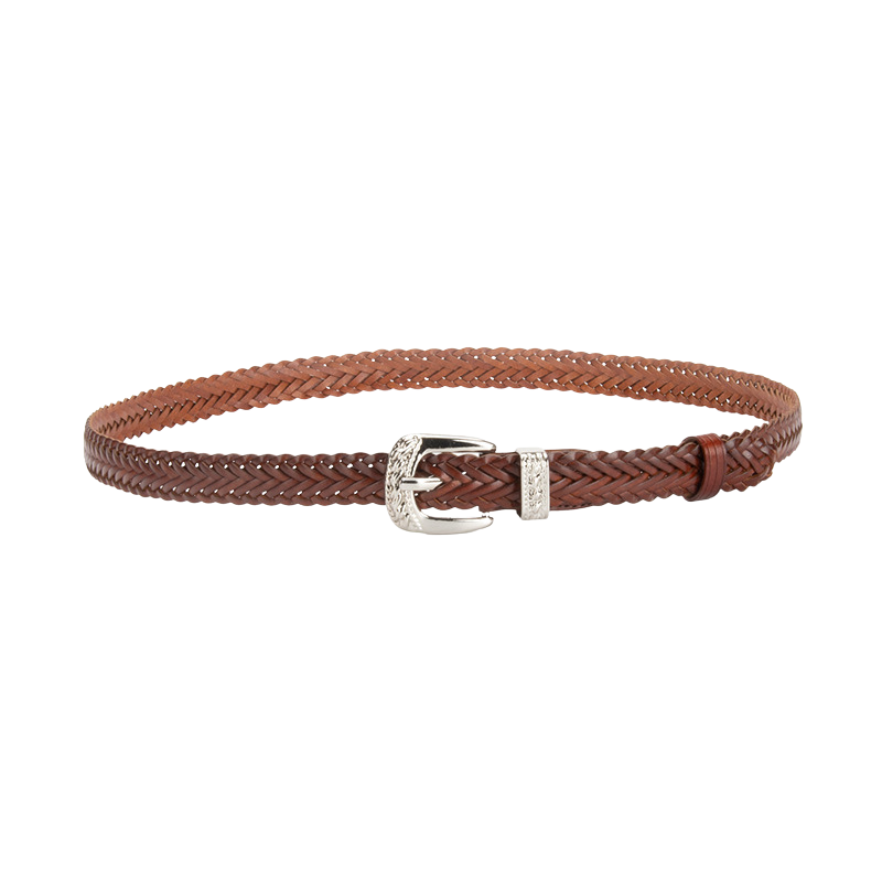 Ceinture fine tressée marron pour femme, modèle Louna, avec boucle argentée et détails gravés.