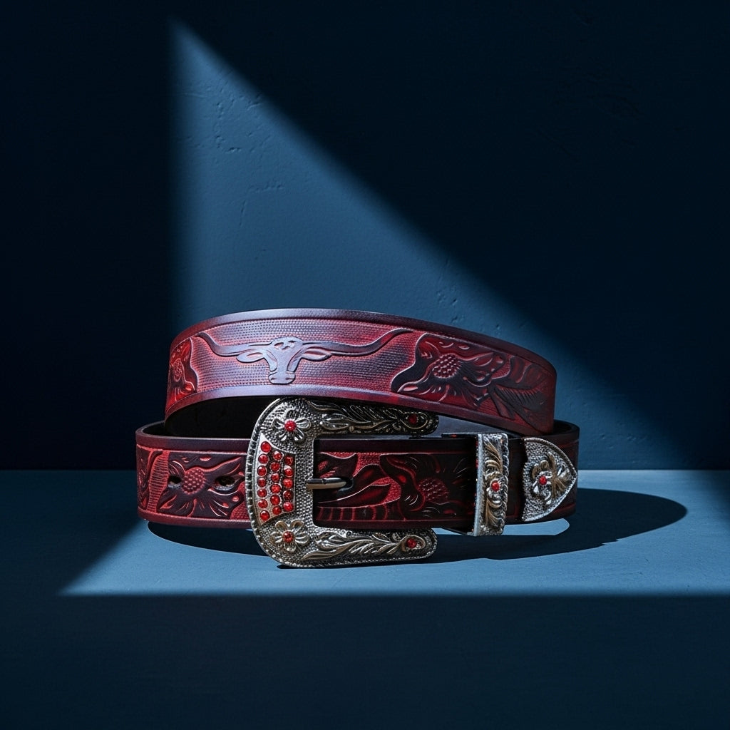 Ceinture Loup Noir en cuir bordeaux texturé avec motifs de tête de taureau et de fleurs, boucle ardillon argentée ornée de strass rouges. #fullwidth